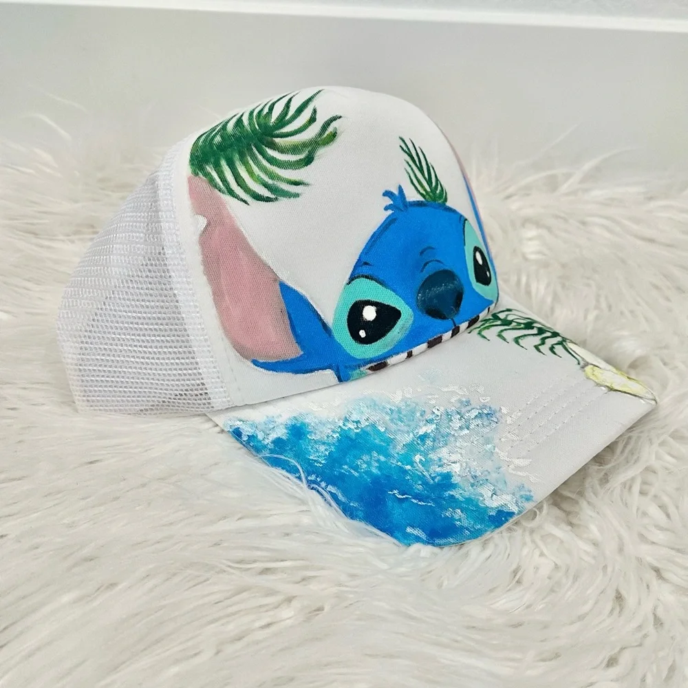 Stitch Cat Blue and White with Tropical Design Hat Handmade Adjustable